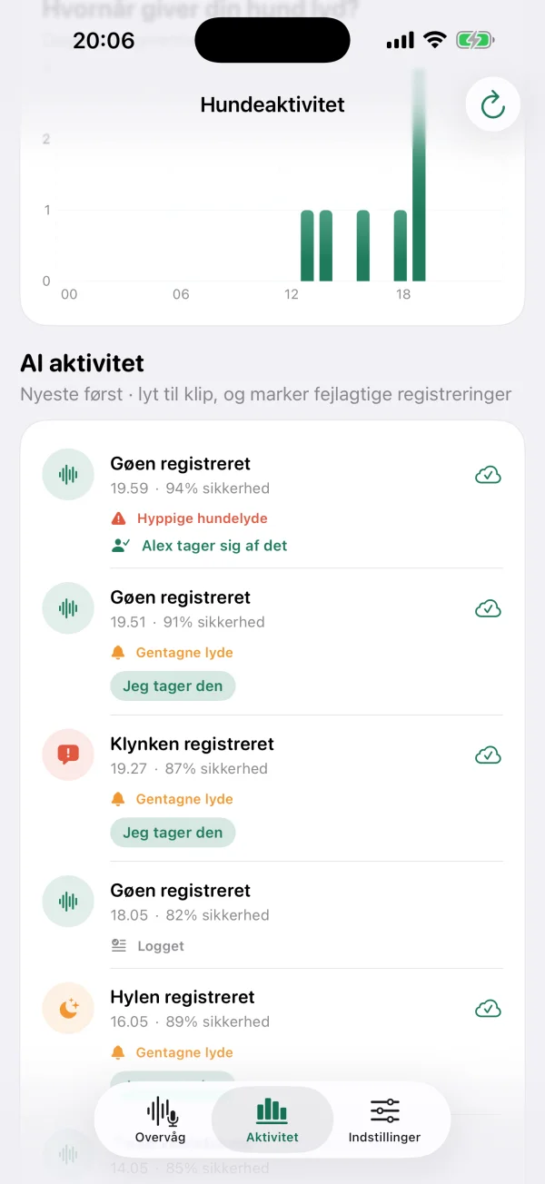 BarkPings danske aktivitetslog med eksempler på registrerede hundelyde