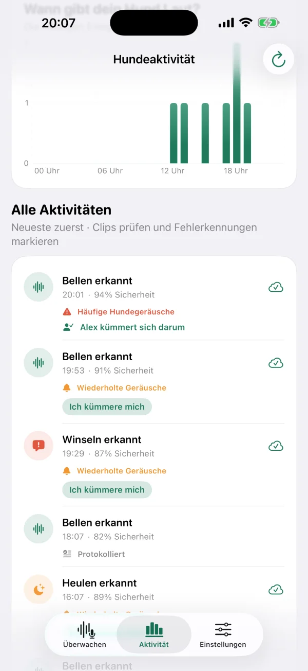 Deutsches Aktivitätsprotokoll von BarkPing mit beispielhaften Hundegeräuschen