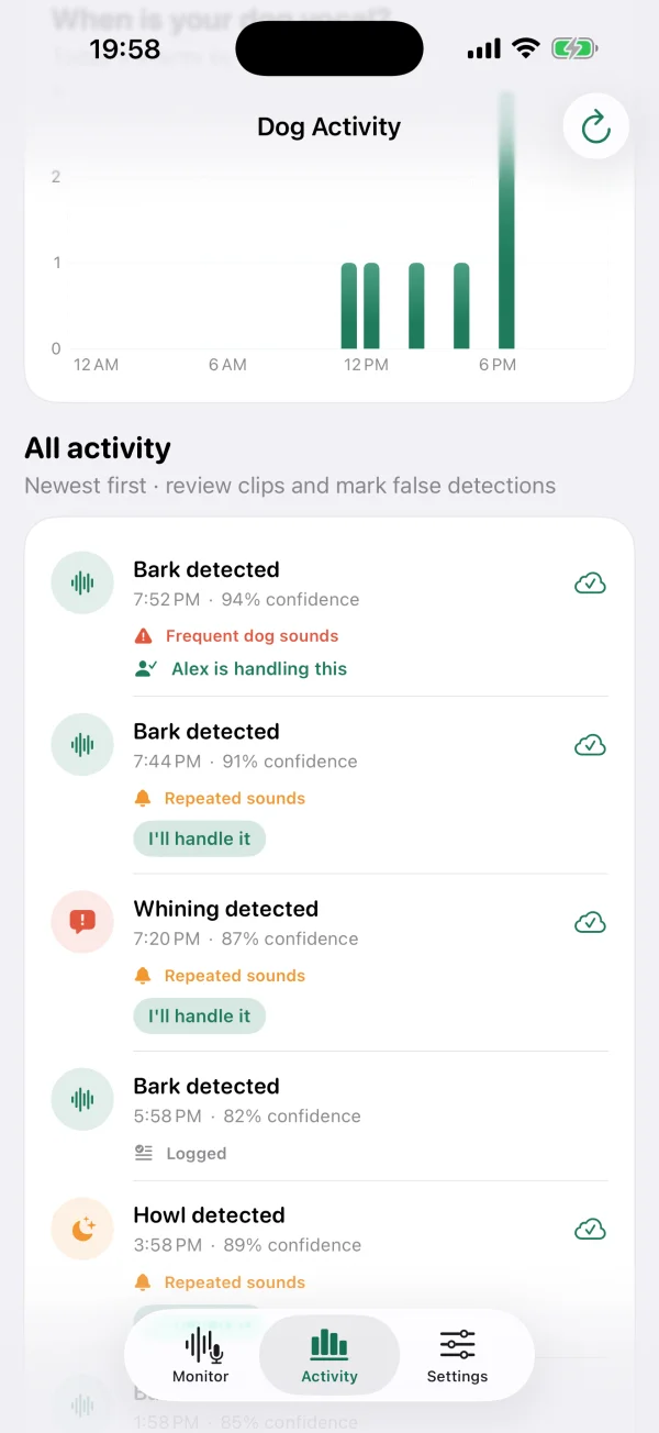 BarkPing activity log in English, showing example dog sound events