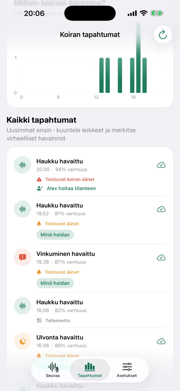 BarkPingin suomenkielinen tapahtumaloki, jossa on esimerkkejä koiran äänistä